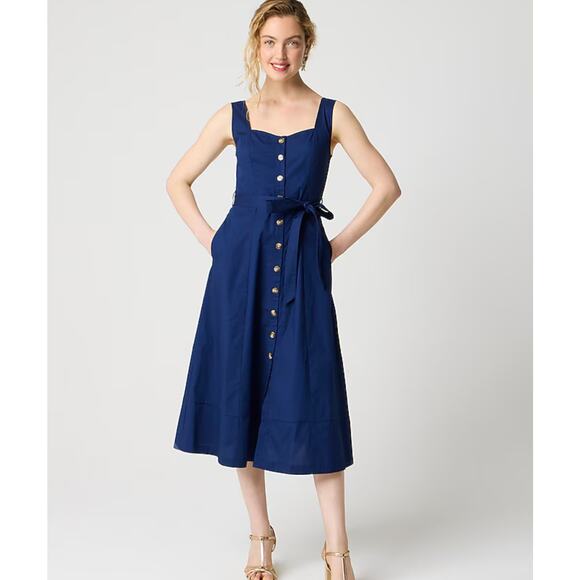 NWT J.Crew Button Front Belted Midi Dress Antique Navy Size 10 - Picture 1 of 7